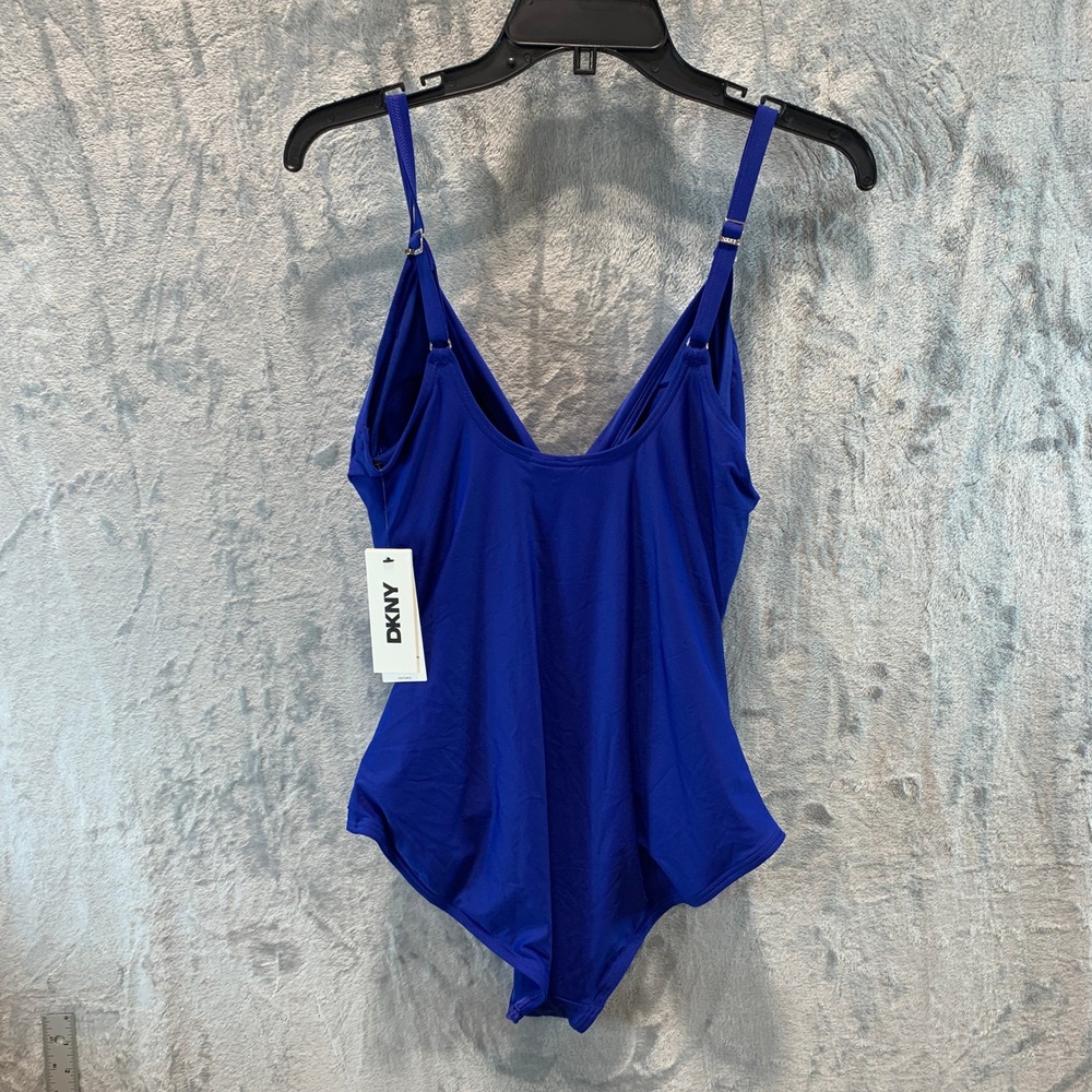 DKNY Womens Royal Blue Wrap Front Ruched One Piece Swimsuit DIMMS559 Large NEW - Picture 2 of 7